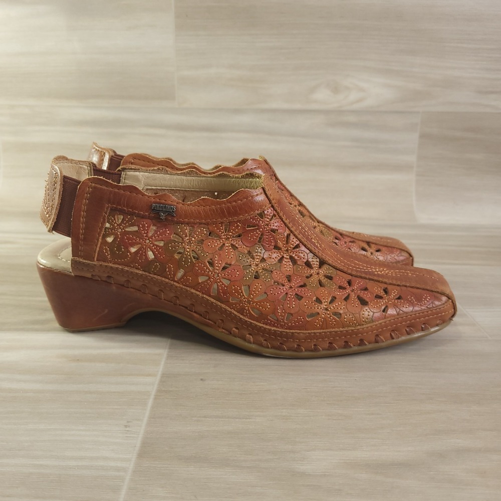 Pikolinos Floral Laser Cut Slingback Heels Womens 36 Brown Leather Boho Wedge